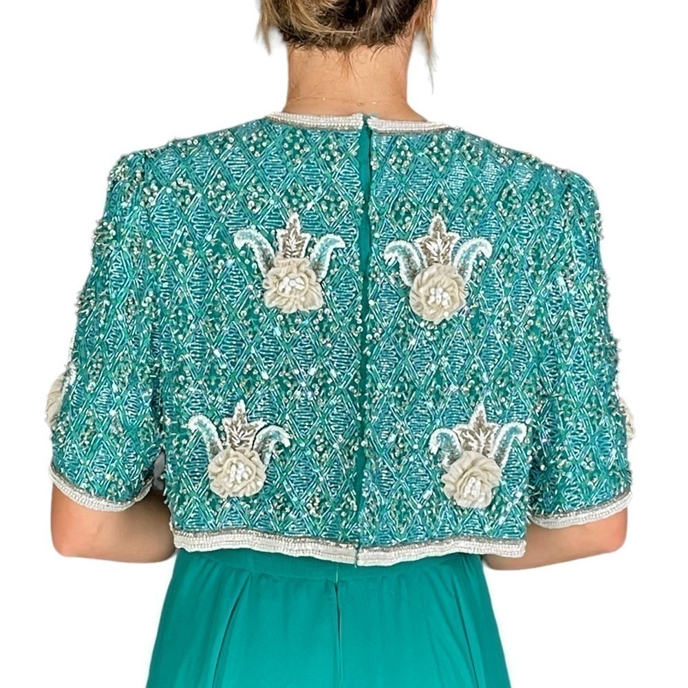 VINTAGE RICHILENE 70S SILK CHIFFON BEAD EMBELLISHED AQUA FORMAL EVENING GOWN - Picture 3 of 16